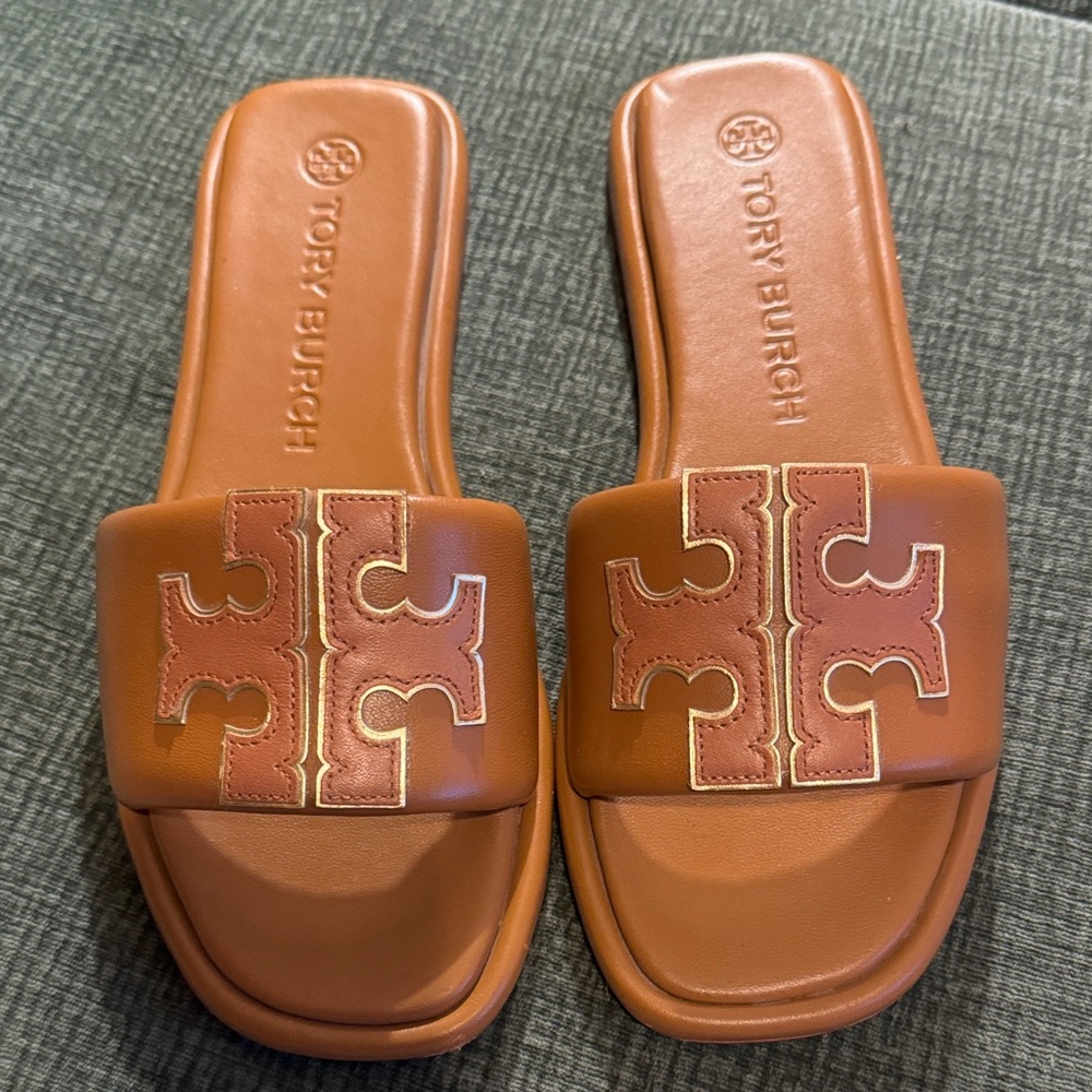 Tory Burch Double T Slide Sandals with Logo